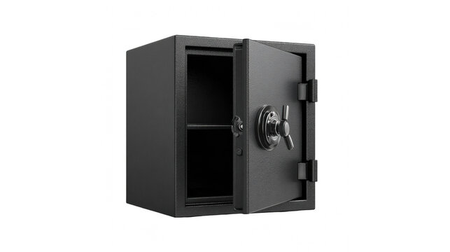 A heavy duty black steel safe with an open door featuring a sturdy metal handle on transparent background
