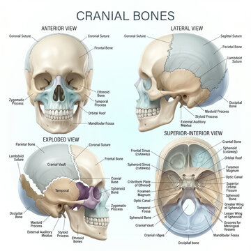 Detailed medical illustration showing human cranial bones from various angles including anterior lateral exploded and superior interior views for study