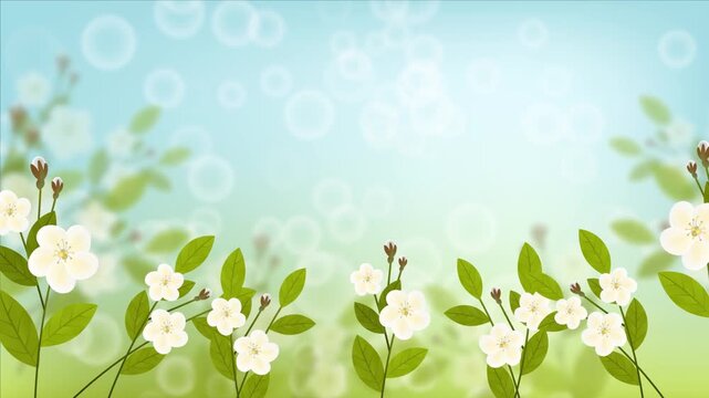 A beautiful and delicate spring background featuring blooming white flowers gently swaying. The scene is enhanced with a dreamy, soft bokeh light effect and sparkling particles, creating a romantic an