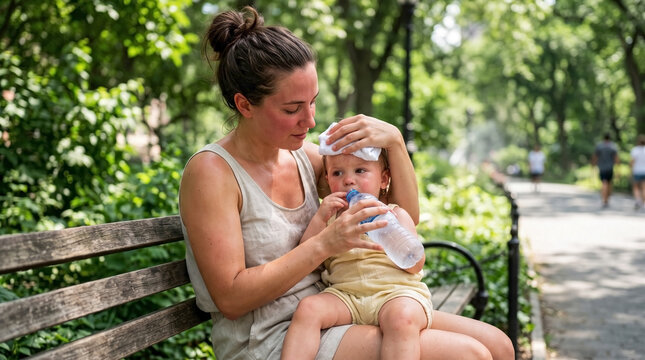 Young mother cooling her toddler with a wet cloth and water bottle on a park bench. Family dealing with extreme summer heatwave in the city. Hydration and child care concept