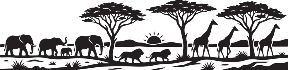 Black silhouette of african safari animals with elephants giraffes and lions in savanna landscape © Mahafuz
