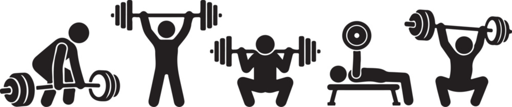 Set of black stick figure icons showing people doing different weightlifting exercises in the gym