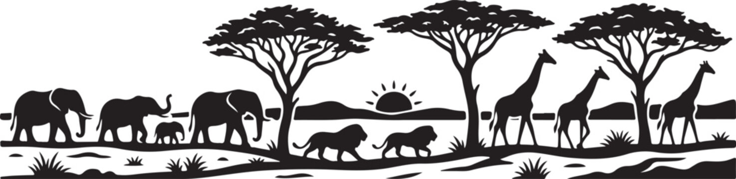 Black silhouette of african safari animals with elephants giraffes and lions in savanna landscape