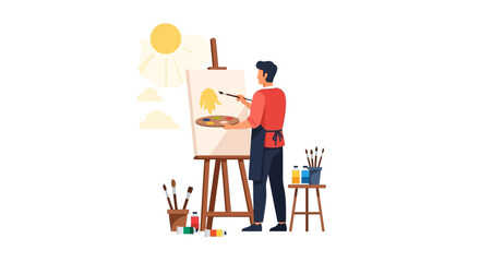 Fototapeta premium Male Artist Painting on Canvas in Art Studio Illustration, Creative Painter Working on Easel with Brushes and Palette, Vector Graphic for Art Education and Hobby Concept