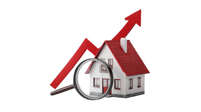 Miniature house model with red rising arrow and magnifying glass icon on transparent background