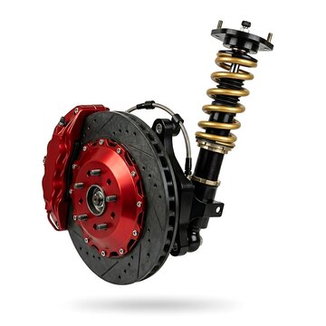 Car performance brake and coilover suspension isolated on white background