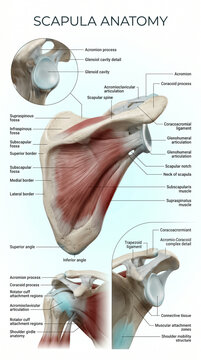 Detailed medical illustration showing human scapula anatomy with labeled muscles bones ligaments and connective tissue for professional educational study purposes