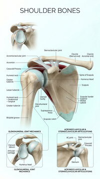 Detailed medical illustration showing human shoulder bones with labeled anatomical parts including the clavicle scapula and humerus joint structures clearly