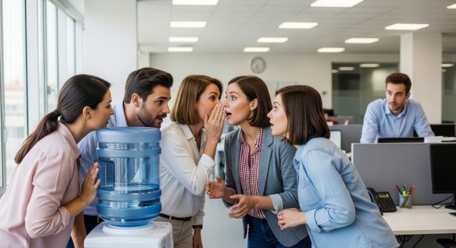 Group of office workers whispering secrets by water cooler. Colleagues sharing rumors and gossip in business environment. Workplace communication, corporate environment and team interaction.