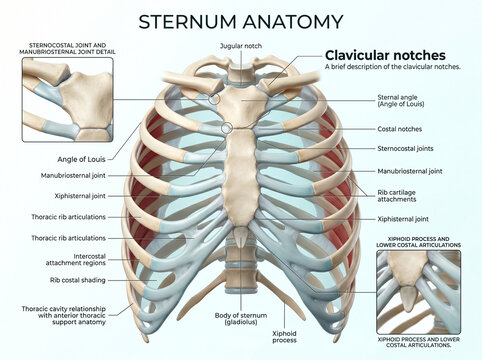 Detailed medical illustration showing human sternum anatomy with labeled parts including the xiphoid process and rib cage articulation points clearly