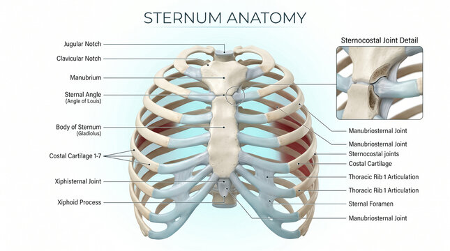 Detailed medical illustration showing human sternum anatomy with labeled parts including the manubrium and xiphoid process in a white background