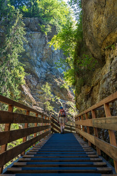 A female hiker climbing up wooden stairs in a canyon in the French Alps