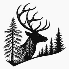 Stag silhouette with pine forest double exposure silhouette wildlife landscape illustration monochrome mountain wilderness coniferous © Atiqur