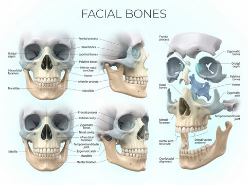 Detailed medical illustration showing the complex anatomy of facial bones with labeled parts for educational study in a clinical setting