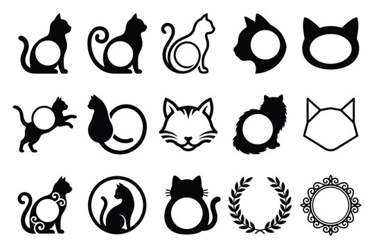 Creative cat silhouette frames and monograms for personalized pet themed graphic design projects