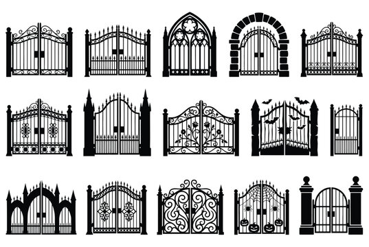 Collection of decorative iron gates and cemetery entrance silhouettes for gothic design themes.