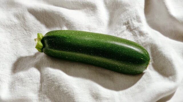 Fresh green zucchini on white linen cloth with natural light and shadows as local organic produce concept