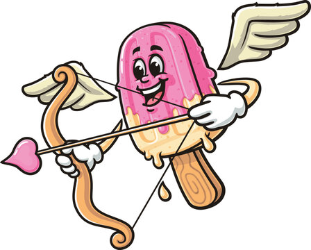 Cartoon mascot of Popsicle is being cupid
