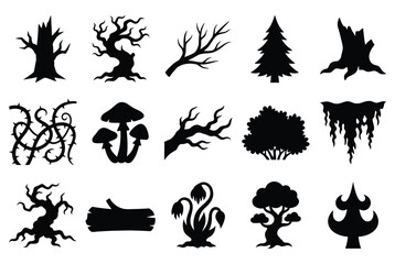 Set of spooky forest silhouettes featuring twisted trees, dead branches, and dark vegetation © Mostak