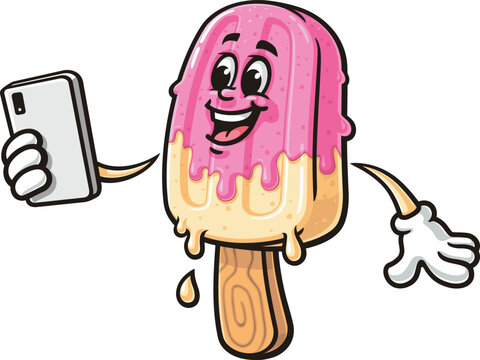 Popsicle cartoon mascot holding a gadget