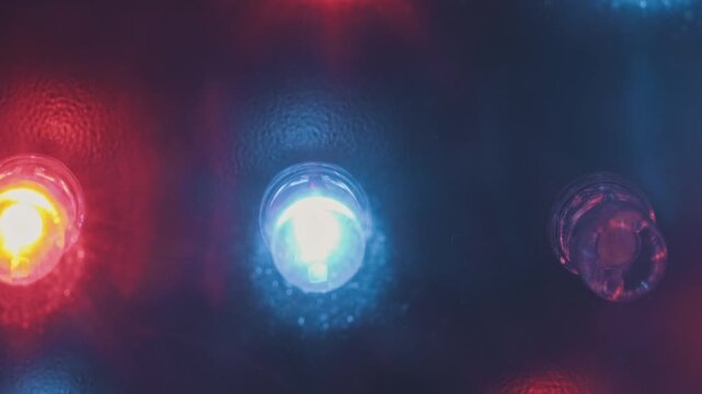 Extreme top-down macro of a flashing RGB LED panel. Multicolored diodes illuminate a textured surface, creating a vibrant and abstract bokeh effect for a modern technology background.