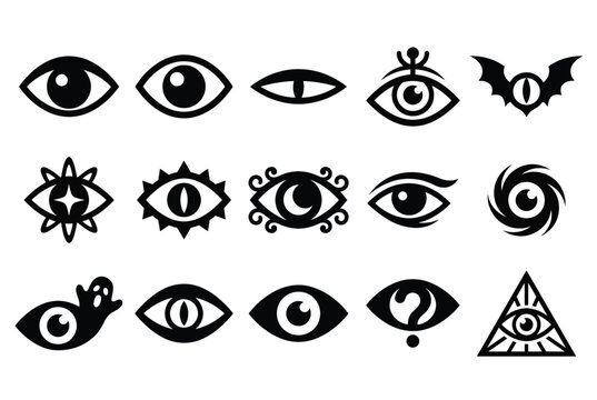Mystical eye icon set featuring various occult, esoteric, and symbolic designs for graphic projects.