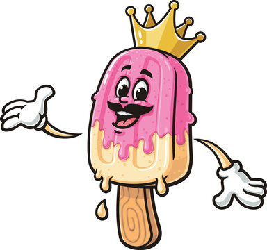 Popsicle king cartoon mascot is wearing a crown