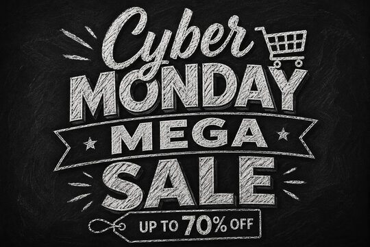 Cyber Monday mega sale typography sign drawn with white chalk on a black board