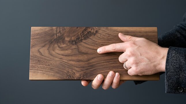 Close up view of a woodworker hand pointing at the natural elegant grain pattern of a solid dark walnut timber plank.