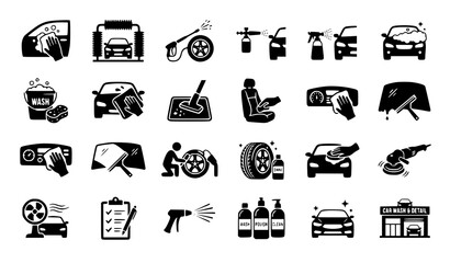 Premium monochrome car wash and vehicle detailing icon set with manual cleaning automatic washing polishing maintenance and automotive service vector collection © MstNazma
