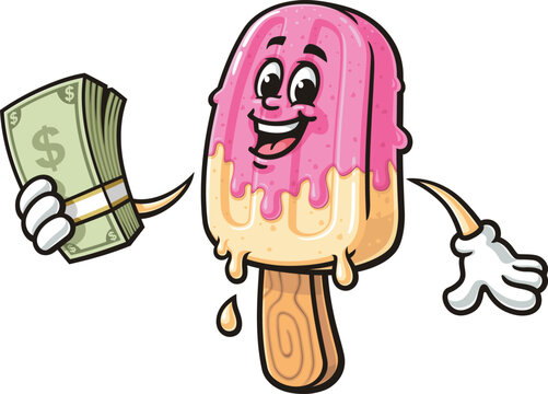 Popsicle cartoon mascot holding cash