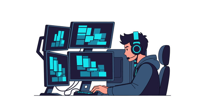 Professional Software Developer or Gamer Working at Computer with Multi-Monitor Setup, Flat Vector Illustration of a Programmer Coding or Streaming