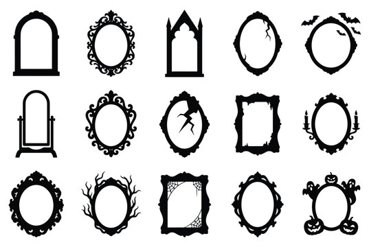 Set of fifteen decorative gothic mirror frame silhouettes for halloween and spooky designs