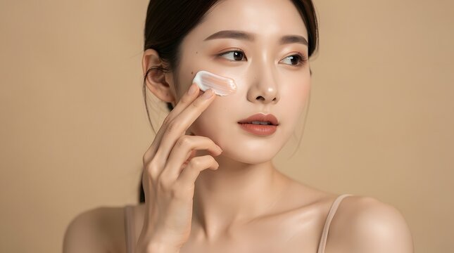 Model smooths a layer of nourishing cream onto her cheekbone to promote a radiant and clear appearance.
