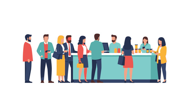 Diverse Group of People Standing in Line at a Service Counter Vector Illustration. Customers Queueing for Retail Checkout or Bank Service Isolated on White.