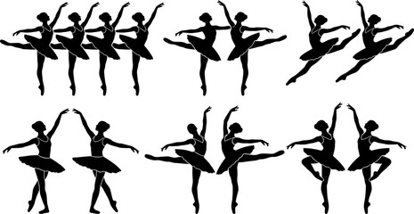 set of black silhouette ballerinas in various ballet dance poses on white background © mazadur.design