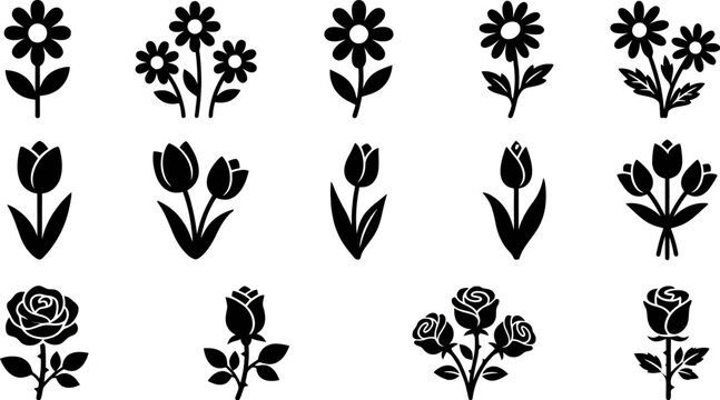 Collection of various black floral silhouettes on white background with different flowers