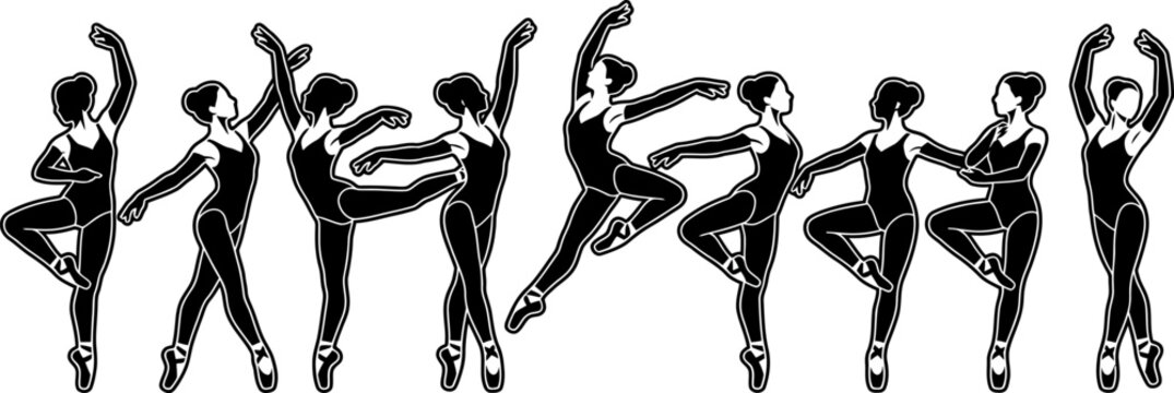 set of female ballet dancers in various poses and movements in black and white