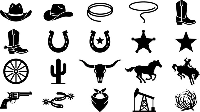 Black silhouettes of various western themed icons on white background