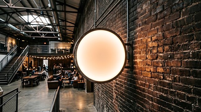 Modern industrial interior with round light.