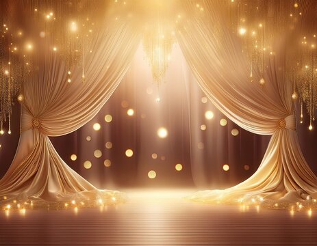 beige gold stage theater fairy lights curtain elegant lace lux twinkling bokeh luxurious empty show draping sheer fabric backdrop background party photo booth twinkling royal stylish musical pretty