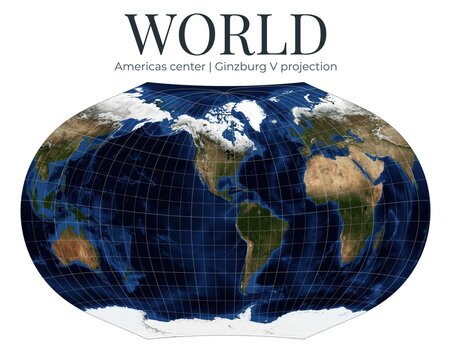 World Map in Ginzburg V projection. Americas centered with balanced distortion. High detail physical map. April View. Elements of this image furnished by NASA.