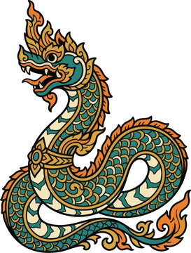 Traditional thai naga serpent creature illustration with intricate scales and golden details