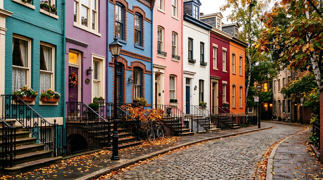 Charming cobblestone street row with colorful historic brownstone townhouses in autumn season