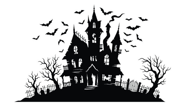 A spooky black silhouette of a haunted house with bats and trees on a hill
