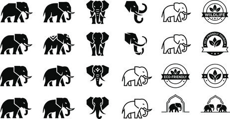 Fototapeta premium Elephant Logo and Icon Set Featuring Geometric Silhouettes, Wildlife Badges, Eco Friendly Tourism Signs, and Indian Cultural Arch Elements