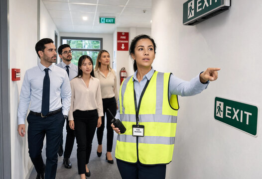 Fire warden leading people to exit