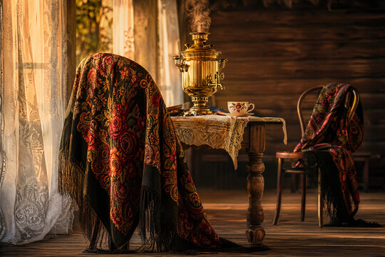 Steaming golden samovar on a lace-covered wooden table with floral shawls, evoking warm traditional tea culture in a rustic log interior.