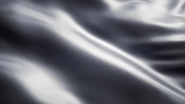 Abstract close-up of silver grey satin fabric waving in a smooth motion. The reflective textile surface creates elegant ripples, soft highlights, and deep shadows with fluid movement.