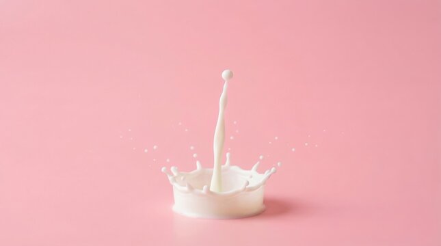 White milk splash forming crown and pillar. Minimalist aesthetic on pink. Used for dairy or beauty marketing.